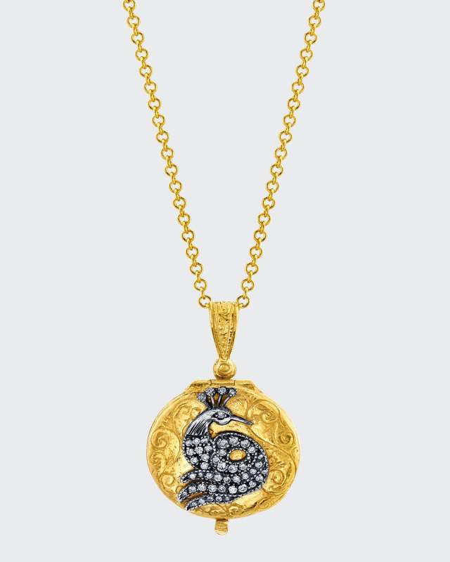 Small Round Locket Necklace with Diamond Peacock